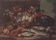 unknow artist Still life of a basket of flowers,fruit,lobster,fish and a cat,all upon a stone ledge USA oil painting reproduction